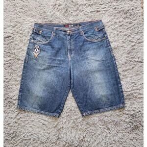 Red Ape Denim Company Jorts Mens 44 Blue Jean Camp & Climb Patch Leather